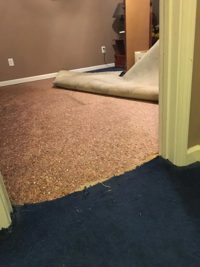 Carpet pad removal revealing water damage during Water Mitigation Services in Fraser